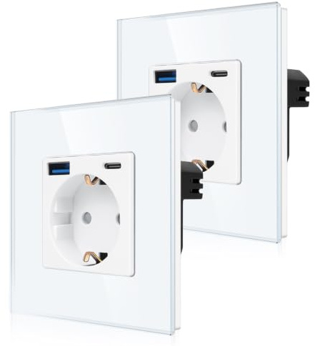 CNBINGO 2-Pack Einzelsteckdose mit 1x USB-A/C Schnellladen, Glas Weiß | Schuko Steckdose Unterputz mit 20W Schnellladen USB-Anschluss, 1-Fach Wandsteckdose Kindersicherung mit Glasrahmen