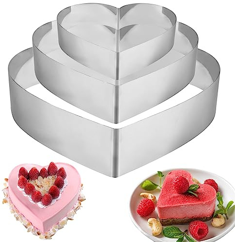 Fizdoqg 3 stycken tårtring 10/15/20 cm tårtring rostfritt stål tårtring set bakram bakring kakring rund fast tårtring för tillredning av kakor och bakverk, hjärta