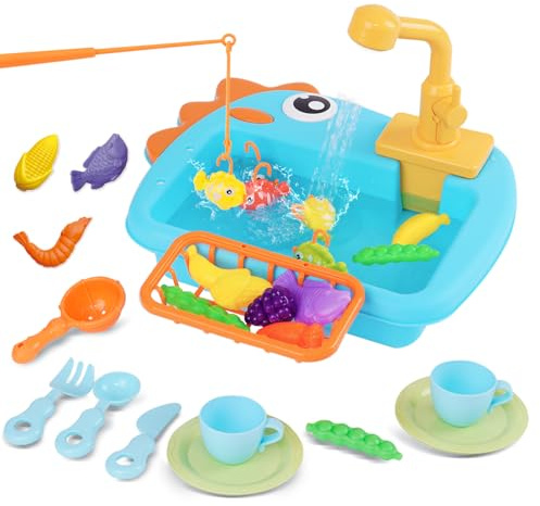 Ensemble de Jouets pour évier de Cuisine pour Enfants avec Jeu de pêche Vaisselle Robinet pour Leau Courante Play Food Accessoires Jouets de Jeu de Rôle Cadeaux Éducatifs pour Enfants Garçons Filles