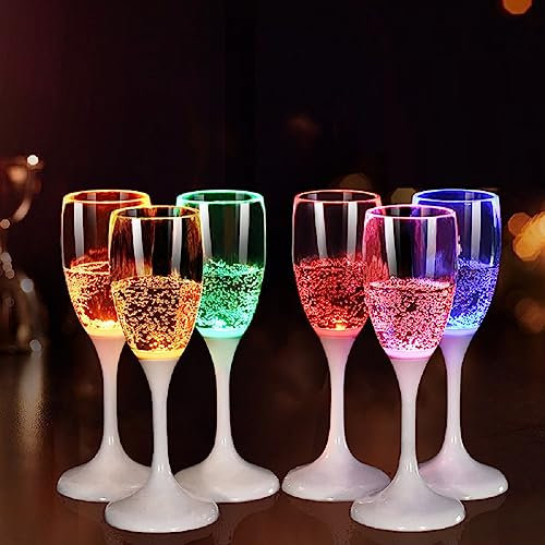 REDGO 6 Pack Champagne Flutes Plastic Reusable Light Up Glasses LED Liquid Activated for Bars Hot Tub Birthday Party Club