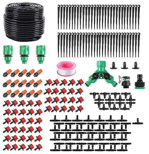 HUAZIZ 50 Meter Sistema Irrigazione a Tubo Singolo, 200 Pezzi Micro Gocciolamento Fai da Te con Ugello Regolabile Kit Sistema Irrigazione Automatico per Giardino, Patio, Serra, Prato,Pianta