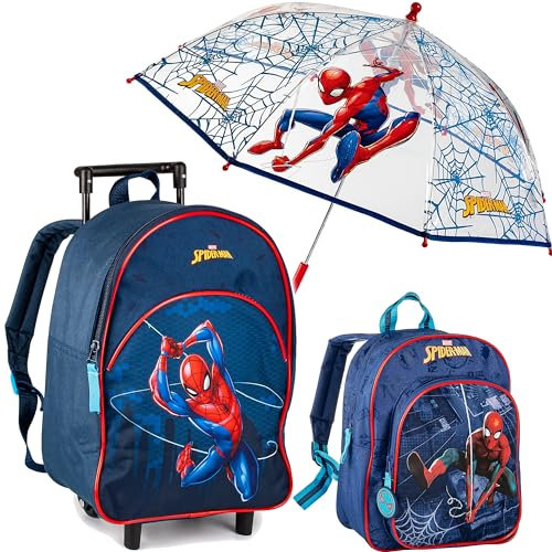 alles-meine.de GmbH 2 TLG. Set - Kinder Trolley + Rucksack + Regenschirm - Spyderman - wasserabweisend & beschichtet - für Mädchen & Jungen - Trolly mit Rollen - Kindertrolley - ..