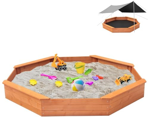Octagonal Wooden Sandbox, Extra Large Outdoor Sandpit with Cover, 4 Built-in Benches and Bottom Liner, Backyard Play Equipment for Kids Ages 3-12, 84.5 x 77 x 9.02