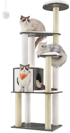 Feandrea WoodyWonders UPCT166G03 Katzenbaum, moderner Katzenturm für Indoor-Katzen, mehrstufige Katzenhütte mit 5 Kratzstämmen, Sitzstange, waschbare abnehmbare Kissen, Katzenmöbel, Misty Gray