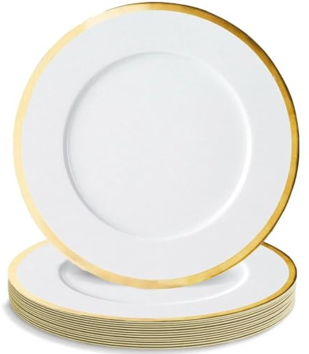 Decorline Elegant White & Gold Charger Plates - 13 (Pack of 8), Durable Plastic Platters, Perfect for Upscale Occasions, Weddings & Birthdays