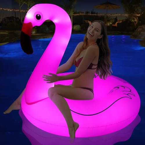DeeprBling Aufblasbar Flamingo Schwimmring mit Lichtern, Schwimmreifen Flamingos, Großer Pool Flamingo-Schwimmringe für Erwachsene, Wasser Pool Flamingo Luftmatratze (106x106x100 cm)