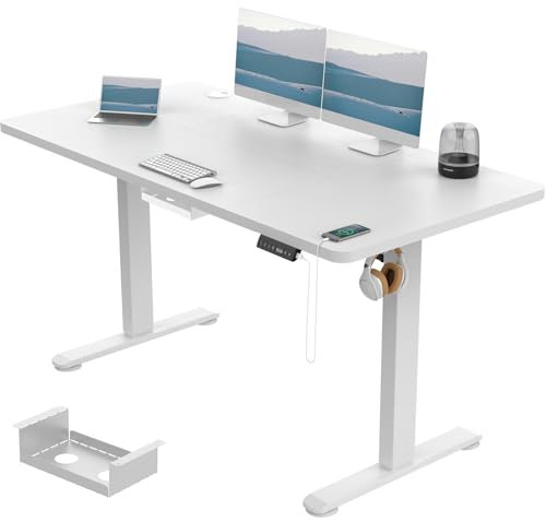 Devoko Höhenverstellbarer Schreibtisch 140x70 cm, 3 Memory-Handsteuerung mit USB-A, Elektrischer Schreibtisch Höhenverstellbar mit 18 MM Tischplatte, Sitz-Stehpult für Büro Homeoffice,Weiß