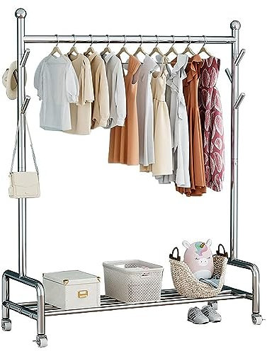 GeRRiT Schwerlast Kleiderständer mit Rollen, Stabile Metallgarderobe mit Rollen und 1 Kleiderstangen, Garderobenständer für Kleidung, Bis 80kg belastbar, Standfuß, Metall (145x38x160cm)