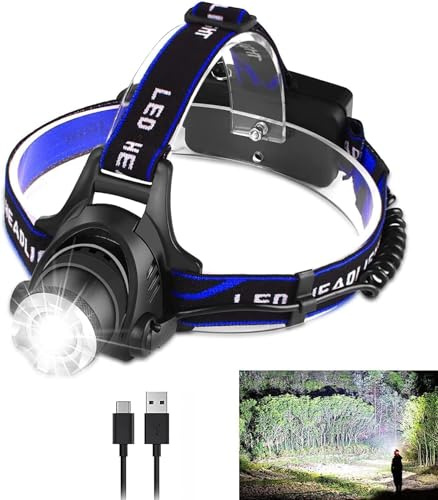 Foleto Stirnlampe, wiederaufladbares Kopflampe USB, superhelle LED-Stirnlampe mit 8000 Lumen und 3 Modi, zoombar, IPX4 wasserdicht für Camping/Laufen/Angeln/Radfahren/Wandern [Energieklasse A++]
