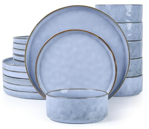 18-Piece Dinner Sets for 6, Homikit Reactive Glaze Stoneware Dinnerware Include Dinner Plates, Side Plates and Cereal Bowls, Non-Scratch, Dishwasher & Microwave Safe, Elegant Myosotis Blue