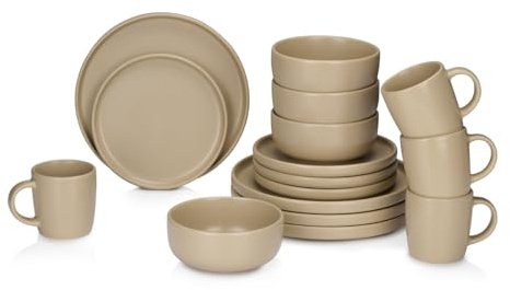 alpina Juego de vajilla de 16 piezas, juego de platos para 4 personas, vajilla de gres, platos de desayuno, platos de cena, cuencos y tazas, apto para microondas y lavavajillas, arena