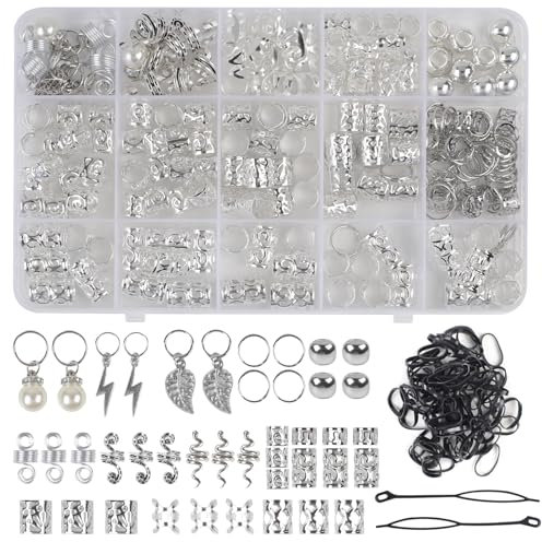 217 Stück Haarschmuck Silber, Wikinger Dreadlocks Schmuck, Nordische Haarperlen, Braids Schmuck mit Schmuckschatulle Zubehör, für Frauen Männer Zöpfe