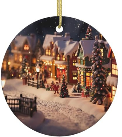 Weihnachtsdorf-Druck, Weihnachtsbaum, Keramik, zum Aufhängen, doppelseitig bedruckt, Heimdekoration, festliche Party-Dekoration