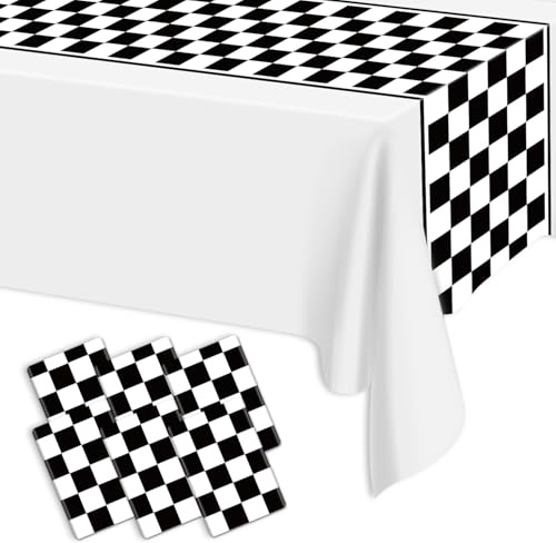 Lot De 6 Chemins De Table Jetables en Plastique Noir À Carreaux pour Fête d'anniversaire, Fête Prénatale, Mariage - 35 X 274 Cm