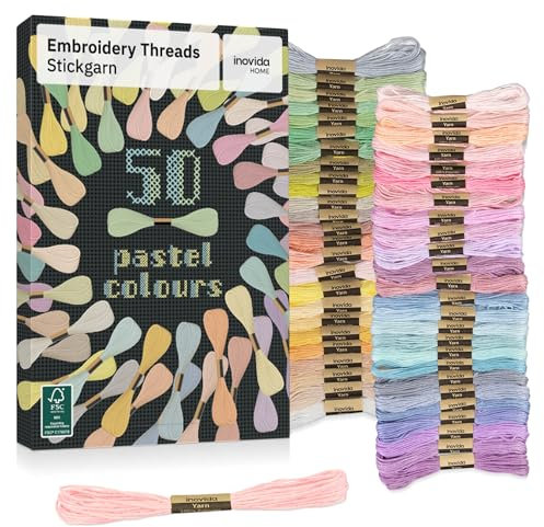 Inovida Stickgarn Set 50 Farben je 5 Meter in Pastell: Pastellfarben Nähgarn Set – Freundschaftsarmbänder selber machen – Sticken, Armband knüpfen, Flechten – Kreuzstich Garn – Embroidery Thread