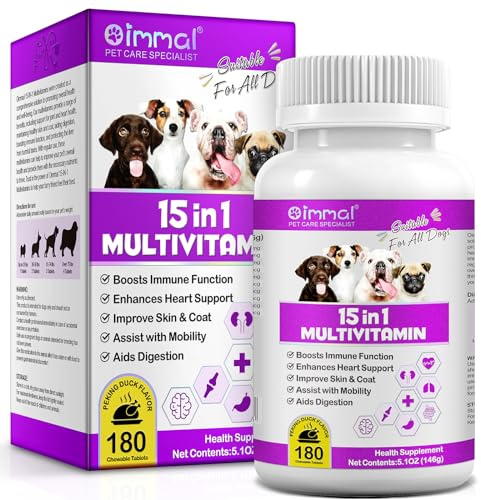 Dog Multivitamin Tablets, 15 in 1 Multivitamin Treats for Dogs Supports Immunity & Digestion, Skin & Coat and Joint Health, Multivitamin Dog Supplement for All Ages - 180PCs Chewable Tablets