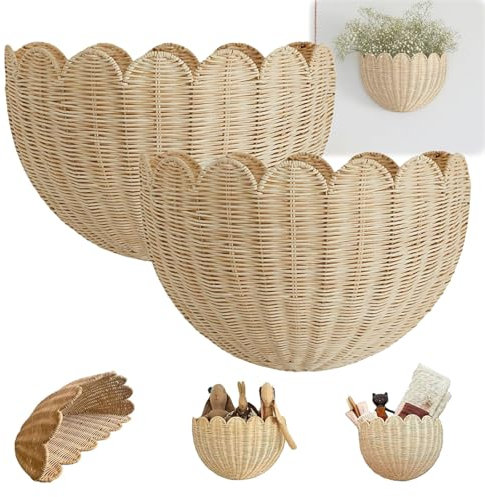 Scallop Wall Basket, 𝐒𝐜𝐚𝐥𝐥𝐨𝐩𝐞𝐝 𝐖𝐚𝐥𝐥 𝐖𝐢𝐜𝐤𝐞𝐫 𝐁𝐚𝐬𝐤𝐞𝐭, Scalloped Hanging Wicker Baskets for Wall, Home Decoration Suitable for Bathroom, Bedroom, Living Room (Khaki-2pcs)