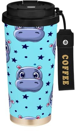 JUMBEAR Taza de viaje aislada al vacío con caras de hipopótamo de dibujos animados, tazas de viaje reutilizables para café, taza de café de acero inoxidable de doble pared a prueba de fugas con tapa