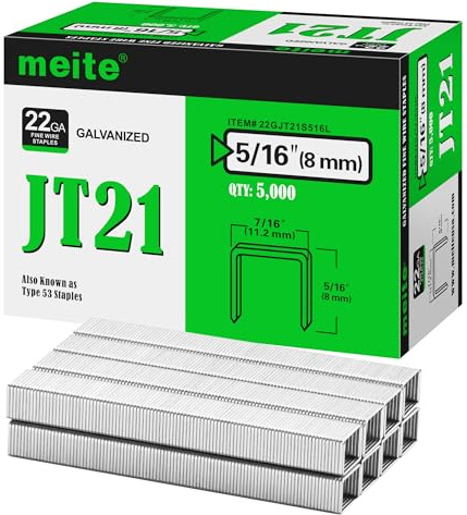 meite Tackerklammern Typ 53, 8 mm verzinkte Klammern Typ 53 JT21 für Handtacker & Elektrotacker, 5.000 Stück, 11,2 mm Rückenbreite, 0,75 mm Drahtstärke, ideal für Polster, Basteln & Möbel