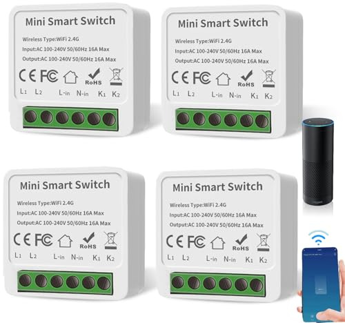 4 pezzi Interruttore intelligente: modulo a 1 via con doppia regolazione: mini interruttore Wi-Fi fai-da-te. Si adatta dietro il modulo dell'interruttore a parete. Compatibile con l'app Tuya, Alexa e