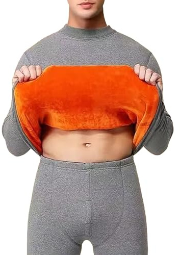 Conjunto de ropa interior térmica para hombre con forro polar naranja, camiseta de cuello alto y leggings, capa base súper cálida con forro polar cálido para invierno