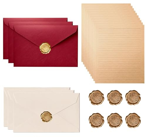 Letter Writing Set, Writing Paper and Envelopes for Special Occasions, 22-Piece Stationery Set with Wax Seals, Linen Envelopes in Deep Red and White, A5 Kraft Paper