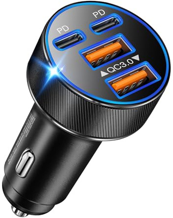 Abetcabe Zigarettenanzünder USB C, 90W 4 in 1 USB C Auto Ladegerät PPS PD 45W, 12V/24V kfz Ladegerät, kompatibel für iPhone 17 16 15, Galaxy S25/S24/S23, Pixel, Tablet (1-Pack)