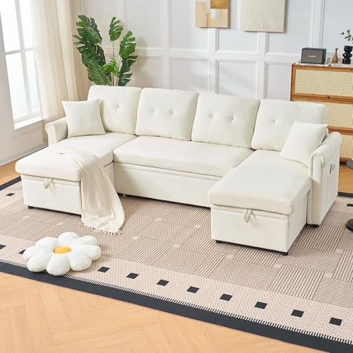 DRIXNO Ecksofa mit Schlaffunktion, 4-Sitzer Sofa mit Polsterhocker, Bettsofa mit Stauraum, Modernes L-Form Schlafsofa, Chaise Lounge, Eckcouch Loungesofa für Wohnzimmer, Schlafzimmer, Beige