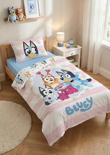 Bluey barnsängkläder set - 100 % bomull, påslakan 100 x 135 cm + örngott 40 x 60 cm, Bluey, Bingo och Muffin-mönster, OEKO-TEX, rosa och vit med ränder