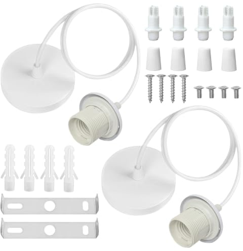 2 Stück Lampenaufhängung Weiß, E27 Lampenfassung mit 100cm Lampenkabel | Pendelleuchte Hängeleuchte Lampenhalterung Decke für DIY Lampenschirm, Deckenbaldachin für Küche Wohnzimmer Esszimmer, Weiß