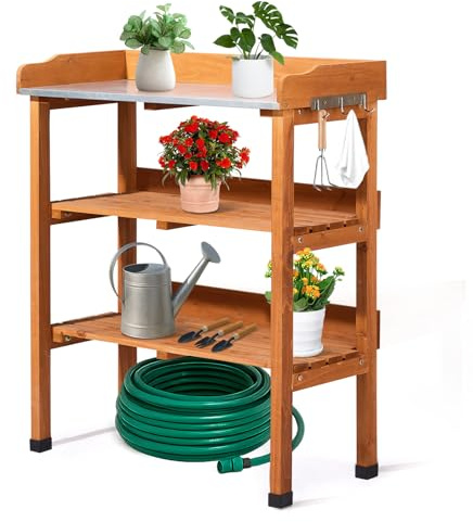 LEADZM Pflanztisch Outdoor wetterfest 74 x 36 x 90 cm - Verzinkte Arbeitsplatte, zweistufiges Regal und 3 Haken, pflanztisch für Garten/Balkon/Terrasse (Holzfarbe)