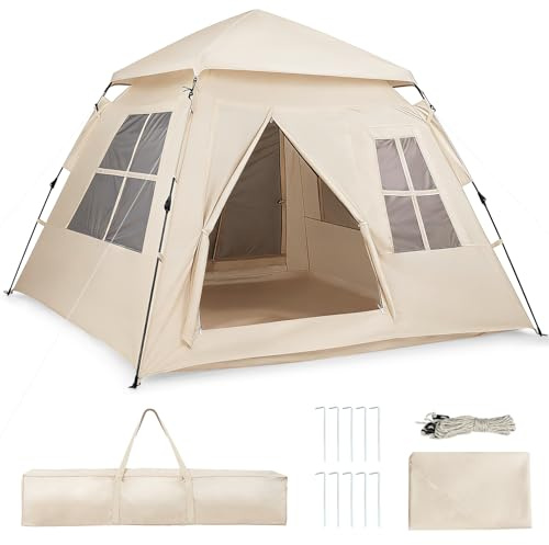 COSTWAY Tente de Camping Pop up 4 Personnes, Tente Extérieure Portable avec Bâche Anti-Pluie 4 Fenêtres en Maille 2 Portes Sac de Transport, pour Randonnée Pique-Nique, 230 x 230 x 152 cm