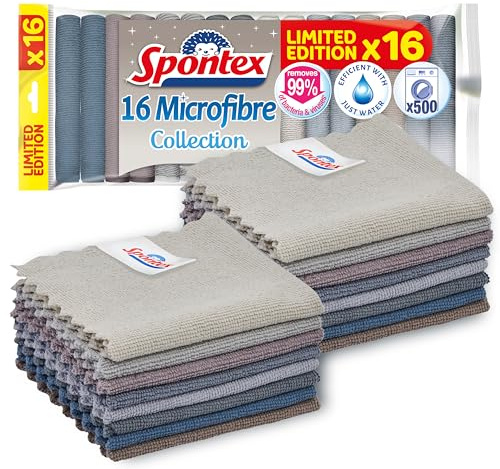 Spontex Microfibre Cloths for Cleaning | 16 Microfibre Collection Cleaning Cloths | For Use as Dusters, Dish Cloths & Kitchen Towels | 30 x 30cm | Neutral Colours | 8 Pack