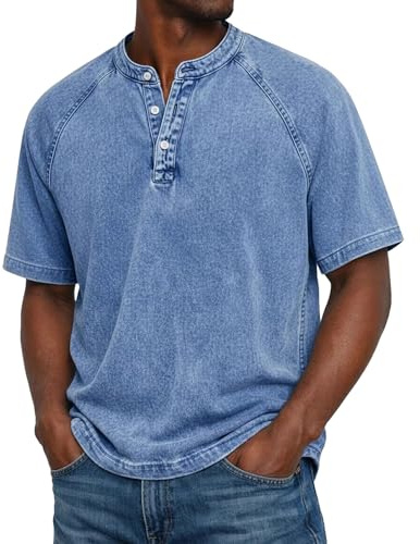 T-Shirt Homme Manches Courtes en Coton Lavé Effet Vintage, Haut Col Henley à Manches Uni Léger Respirant, Tee-Shirt Multicolore Polyvalent pour Printemps et Été Loisirs Quotidiens