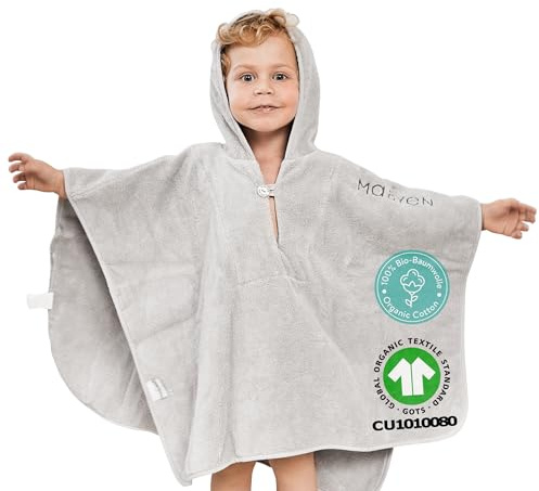 Mabyen Baby Poncho Hellgrau, Kapuzenhandtuch aus Bio-Baumwolle, 50x70 cm | OEKO-TEX & GOTS zertifiziert, Badeponcho für Babys und Kleinkinder bis 3 Jahre, mit Kapuze, kuschelweich & saugstark
