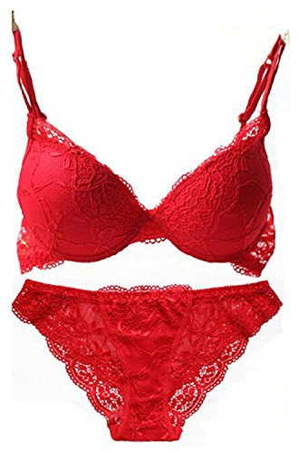 SnowFox Women's Lumiere Lace Push Up Embroidery Bras Set Lace Lingerie Bra and Panties - (Red 34B)