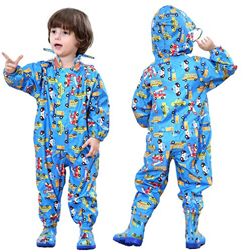 JinBei Raincoat Baby Boys Hooded Rainwear Lightweight Puddle Suits Blue Onesie Waterproof Rainsuit Cartoon Cars Pattern Portable Breathable PVC Transparent Hat Brim Zipper Hiking Travel Kids 1-3 Years