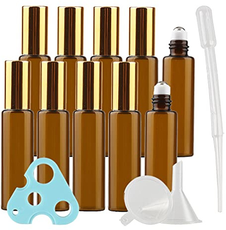 TIANZD 10Pcs, 10ml Empty Amber Brown Glass Essential Oil Roller Bottles with Gold Screw Cap Roll on Bottles Rollerball Bottle for Essential Oil Perfume, 1x Funnel 1x Opener 1x pipette
