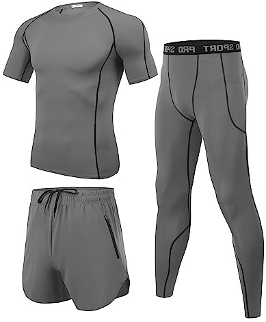 Wayleb Ensemble Compression Homme Tenue Sport Fitness Maillot Serré Tee Shirt Compression Legging Pantalon Jogging Vêtement Running 3 Pièces S-XXL