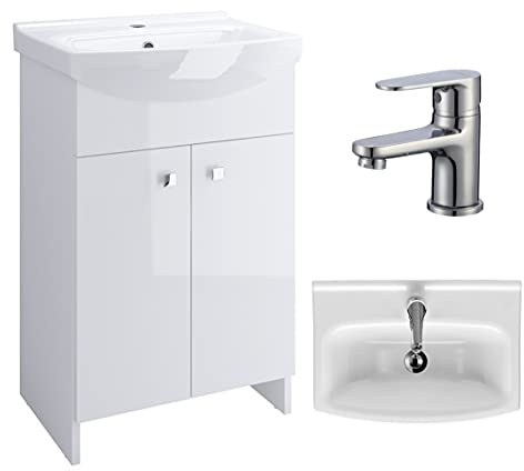 VBChome Badmöbel Weiß 60 cm Armatur Waschbecken mit Unterschrank Waschtisch Waschbeckenunterschrank Unterschrank Zugstange Badezimmerschrank 2 Türen Glanz Waschplatz Stand Standmöbel