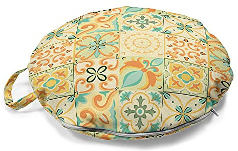 ABAKUHAUS marokkanisch Rundes Bodenkissen mit Griff, Italian Style Retro, dekoratives Kissen für Wohnzimmer & Schlafsäle, 45 cm, Türkis Gelb Grün