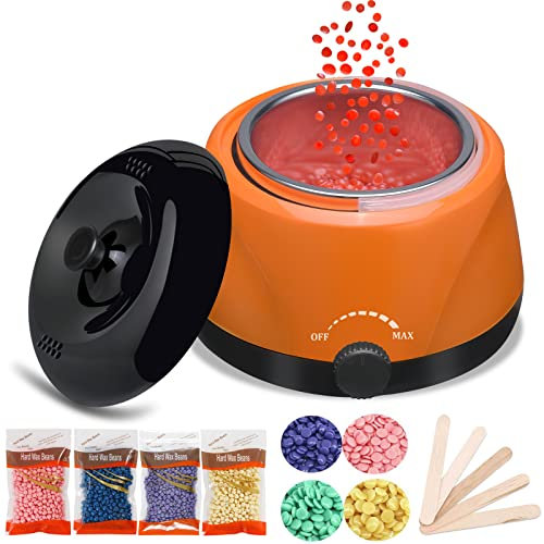 Wachswärmer Wachs Haarentfernung Waxing Set Wax Maschine Wachsmaschine Enthaarung Set Wachsgerät Haarentfernung mit 4X100g Wachs, 20 Holzspateln,für Achsel,Bein（Orange）