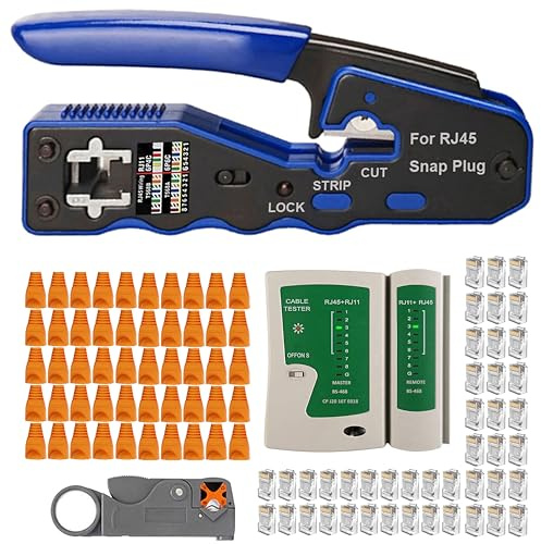 MAYLINE Pince à Sertir de Fil RJ45 Testeur de Network Réseau Câble Kit CAT7 CAT5 CAT6 avec 50 Pièces Ensemble d'Outils de Connecteurs Sertissage Outillage Ordinateur Cablage données(BLUE)