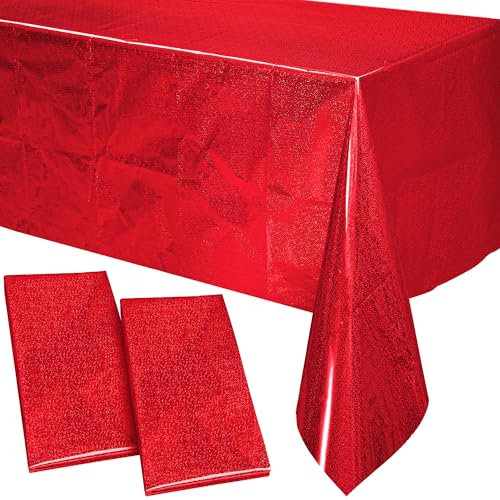 PixiPy Hochwertige Einweg-Tischdecke aus Kunststoff (2er-Pack, rot, 1 m x 2,7 m) – Elegante Tischdecke für Partys – einfache Reinigung für Geburtstage – rechteckige Tischdecke