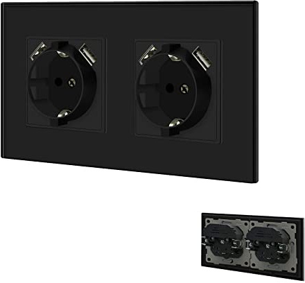 BSEED Schuko Steckdose mit USB 16Amp Steckdose mit Steckklemme Unterputz Steckdose mit 3.1A Doppel USB 157mm Wandsteckdose Doppelsteckdose Einbausteckdose USB Steckdose Schwarz