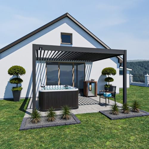 Weide Deluxe Aluminium Pergola zur Wandmontage mit verstellbarem Lamellendach | Witterungsbeständiger Pavillon für Terrasse & Garten mit Handkurbel und Wasserablauf 3.6 x 4 m Anthrazit