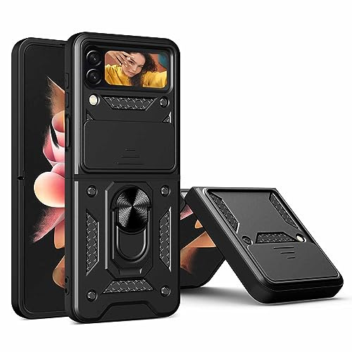HAOYE Funda para Samsung Galaxy Z Flip 4 (Z Flip4) 5G, Shockproof Carcasa con Giratorio Anillo Kickstand y Cubierta Deslizante de la Cámara, PC y TPU Case Cover. Negro
