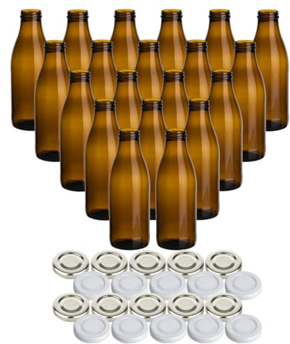 gouveo 20er Set Glasflaschen 1000 ml (1,00 l) Glasflasche 1000 ml rund Twist-Off Schraubdeckel TO 48, Braunglasflaschen zum Abfüllen, Aufbewahren & Transportieren (SF1000ASW)