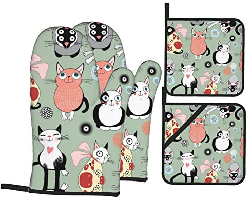 Ensemble de gants de cuisine et maniques imprimés de chats de dessin animé - Tissu polyester imperméable, résistant à la chaleur, parfait pour la cuisine et l'extérieur