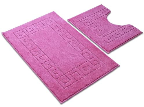 Ambience Products Badematten mit griechischem Schlüsselmuster, rutschfest, weich, waschbar, schnell trocknend, wasserabsorbierend, Badezimmer-Duschmatte und WC-Vorleger, 2-teiliges Set, Rosa